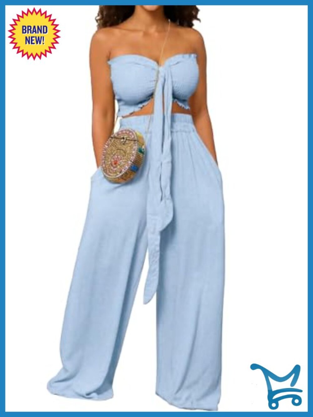 2 Piece Set - Tie Front Bandeau Crop Top & Wide Leg Pants with Pockets